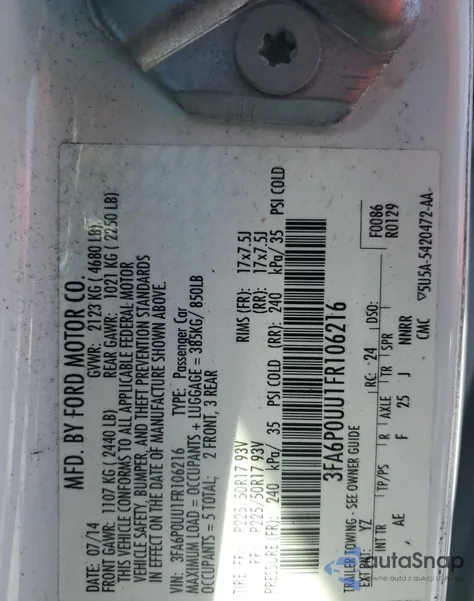 2015 Ford Fusion S Hybrid z USA, uszkodzony, nr VIN 3FA6P0UU1FR106216